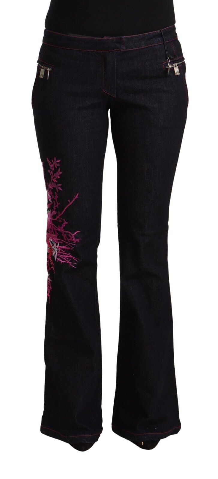 Exte Black Cotton Stretch Mid Waist Cotton Flared Denim Jeans - Fizigo