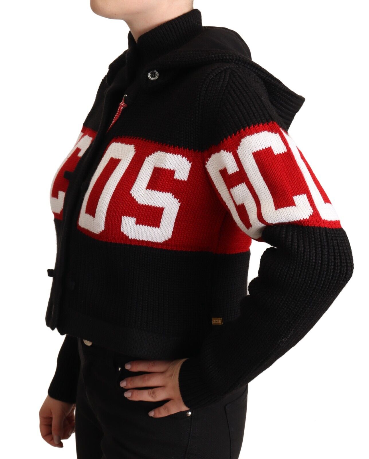 GCDS Black Cashmere Hooded Button Down Logo Cardigan Jacket - Fizigo