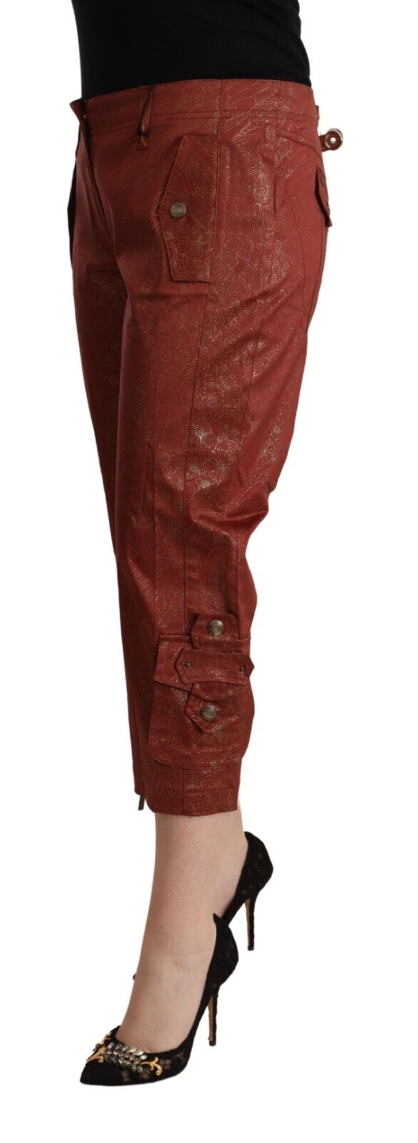 Just Cavalli Brown Lurex Mid Waist Cotton Cropped Capri Pants - Fizigo