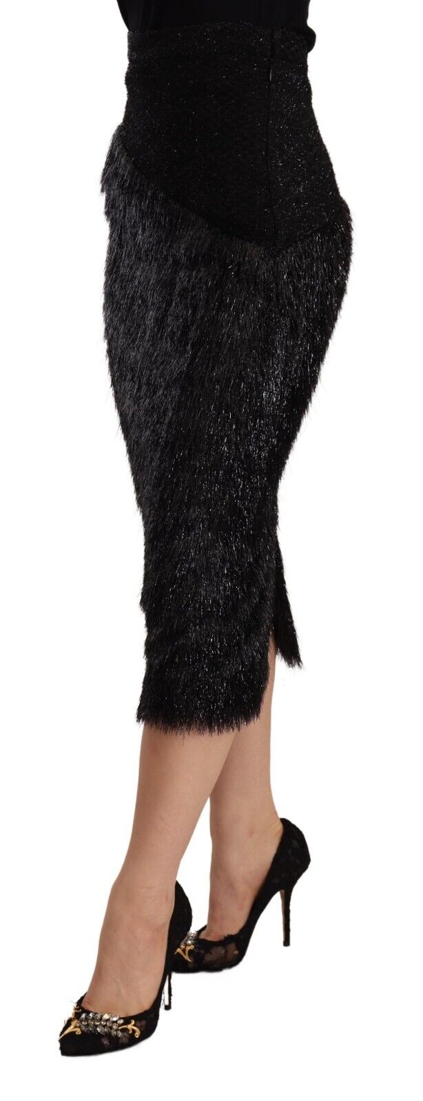 Masha Ma Black Tinsel High Waist Pencil Midi Viscose Skirt - Fizigo