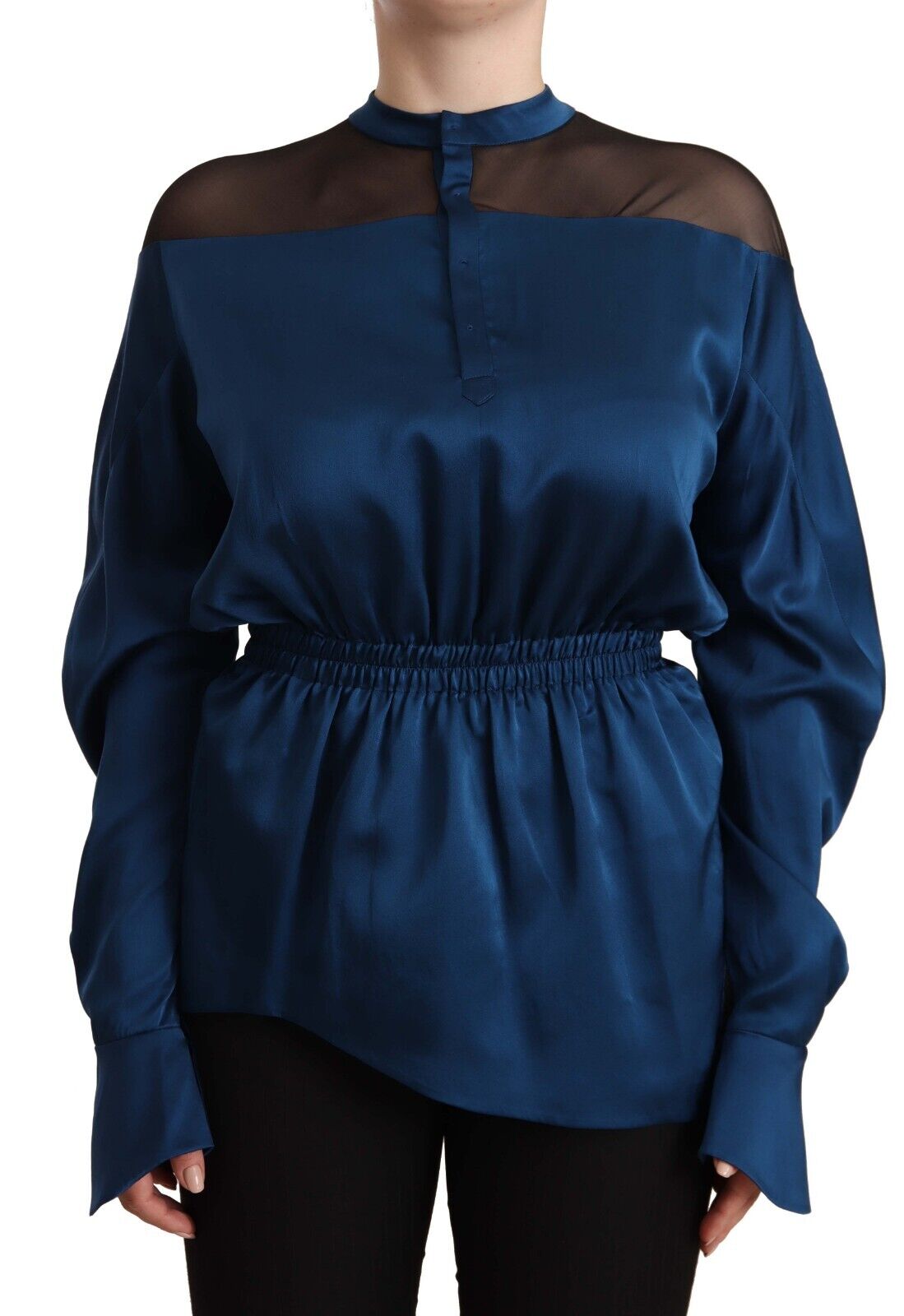 Masha Ma Blue Silk Long Sleeves Elastic Waist Top Blouse - Fizigo