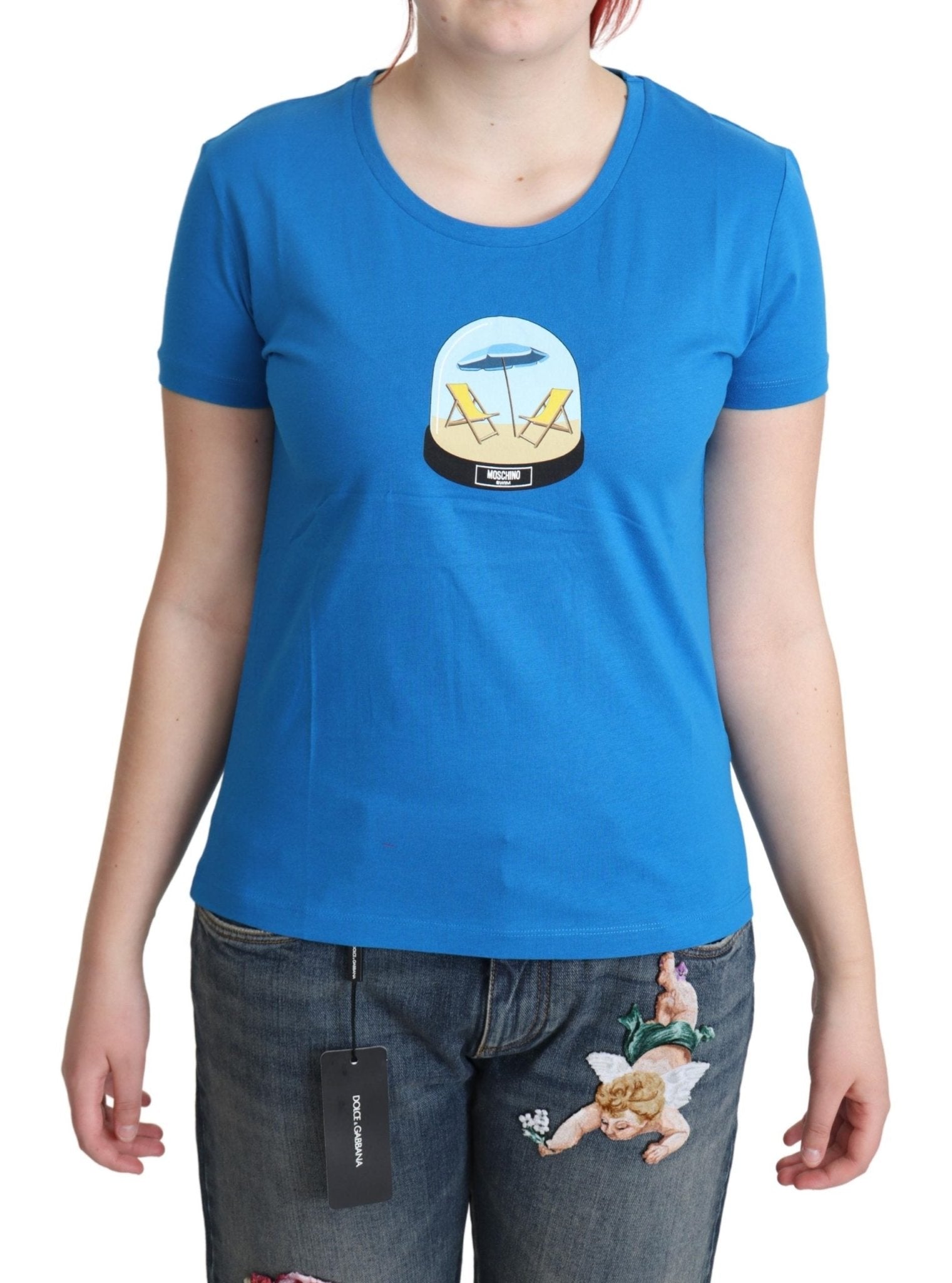 Moschino Blue Printed Cotton Short Sleeves Tops T-shirt - Fizigo