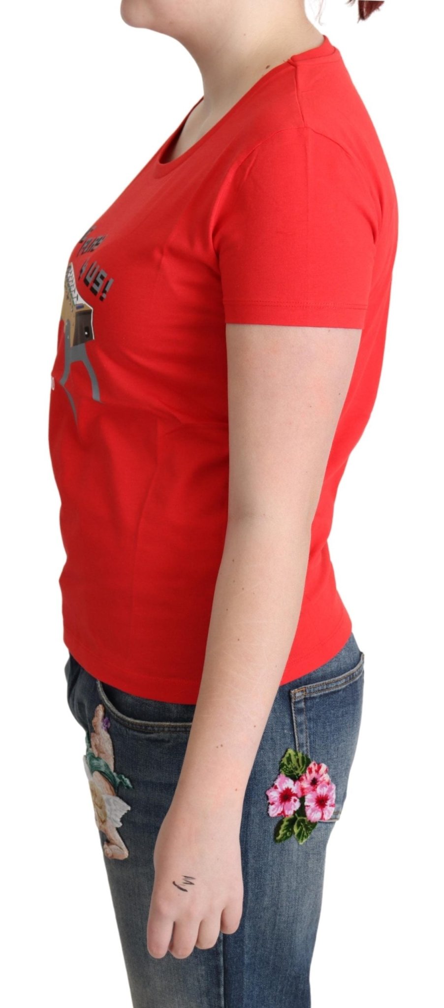 Moschino Red Cotton Come Play 4 Us Print Tops Blouse T-shirt - Fizigo