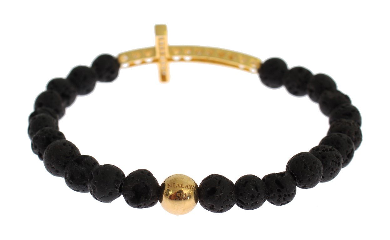 Nialaya Lava Stone Gold Clear CZ Cross 925 Silver Bracelet - Fizigo