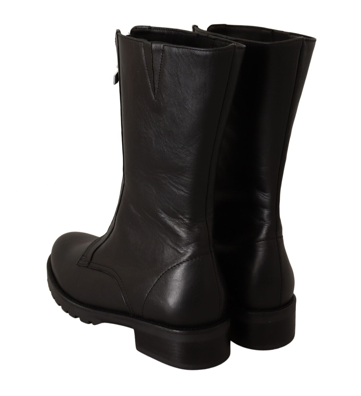 Patrizia Pepe Black Leather High Boots Front Zip Closure Shoes - Fizigo