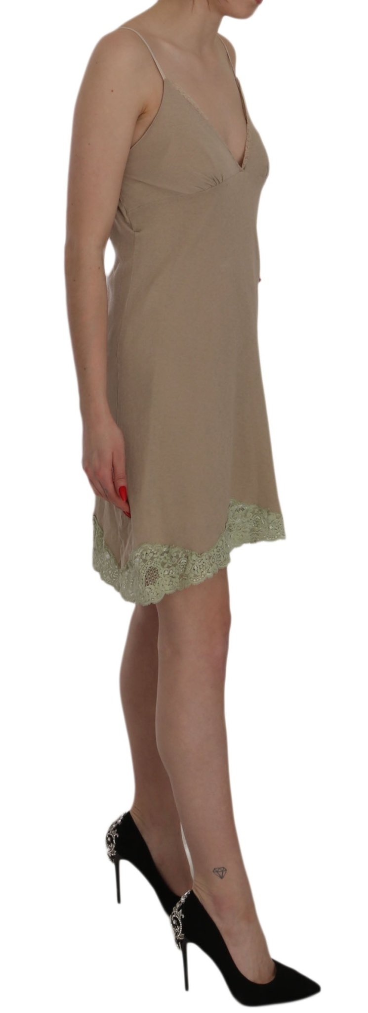 PINK MEMORIES Beige Lace Spaghetti Strap Mini Cotton Dress - Fizigo