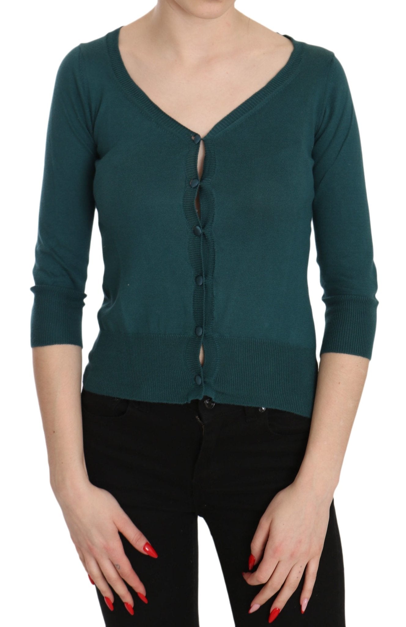 PINK MEMORIES Blue Green Cotton 3/4 Sleeve Cardigan Top Blouse - Fizigo