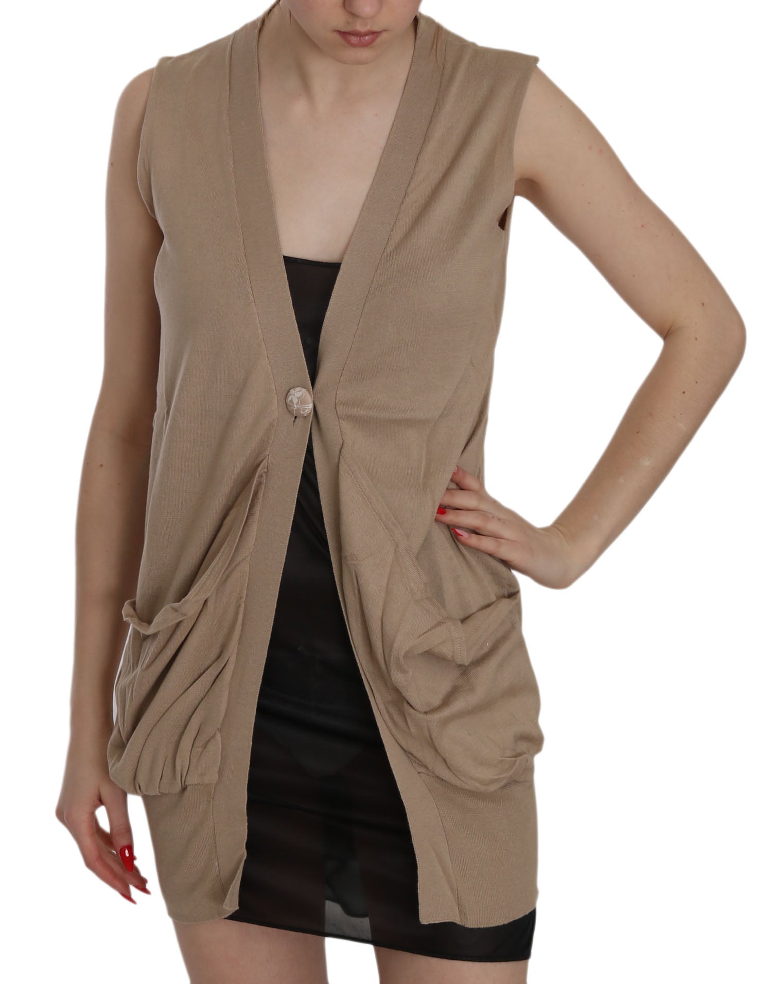 PINK MEMORIES Brown 100% Cotton Sleeveless Cardigan Top Vest - Fizigo