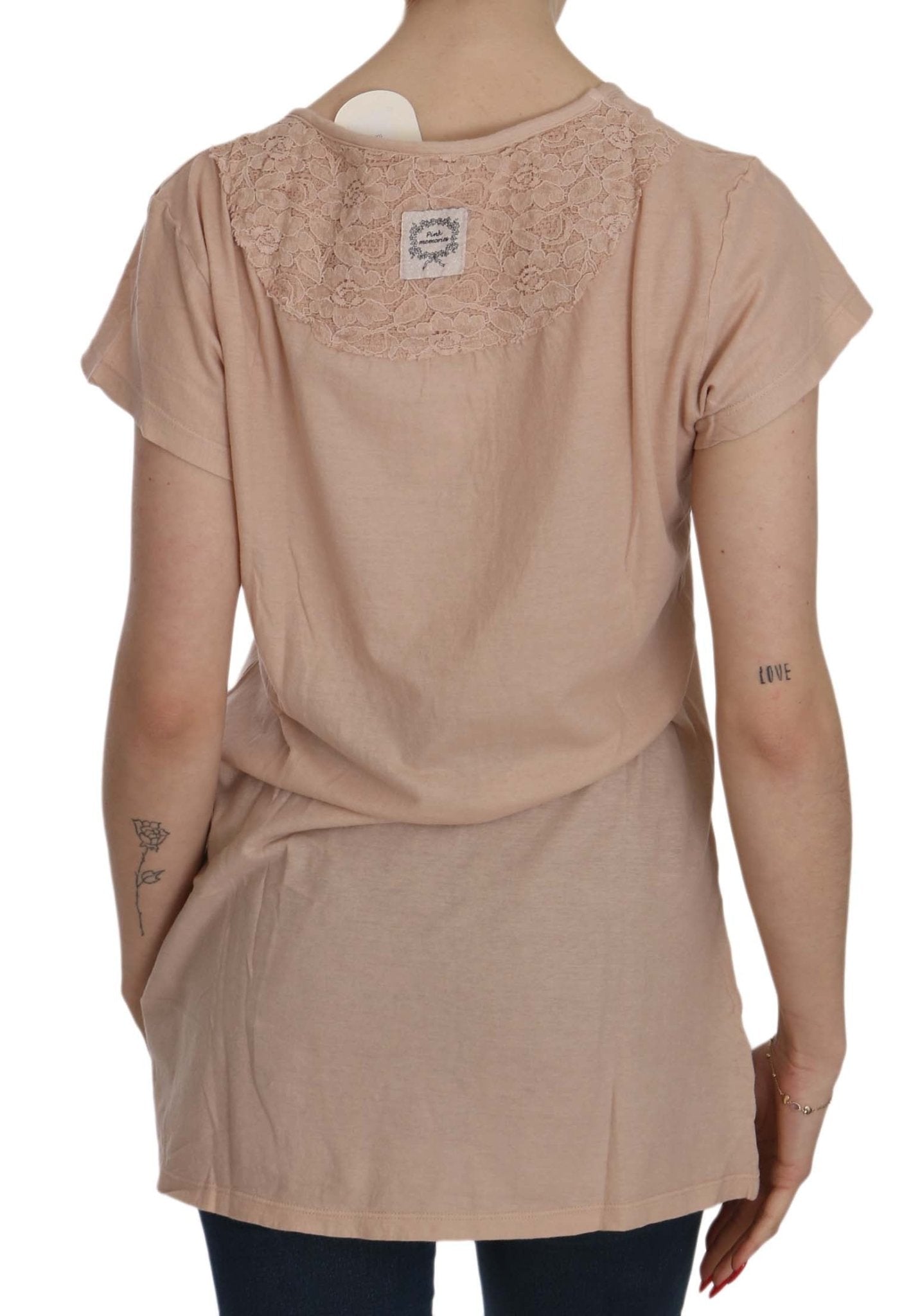 PINK MEMORIES Pink Cream Lace Short Sleeve Shirt Top Cotton Blouse - Fizigo