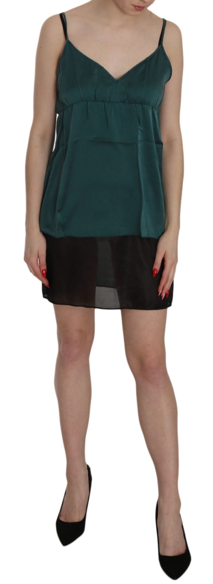 PINK MEMORIES Silk Green Spaghetti Strap Shift Mini Dress - Fizigo