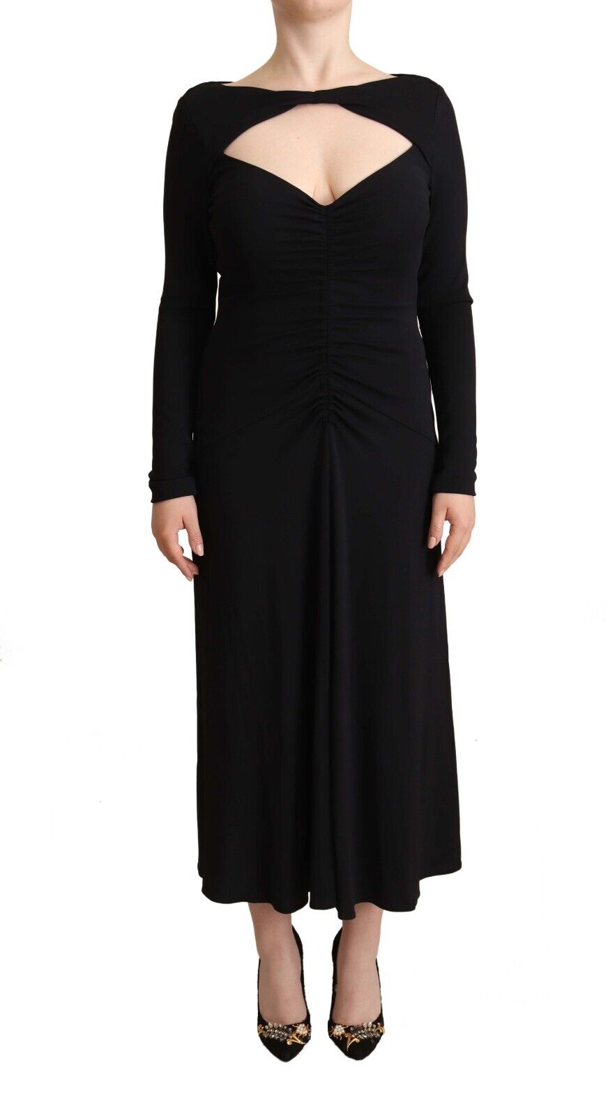 PINKO Black Nylon Stretch Long Sleeves Deep V-neck Maxi Dress - Fizigo