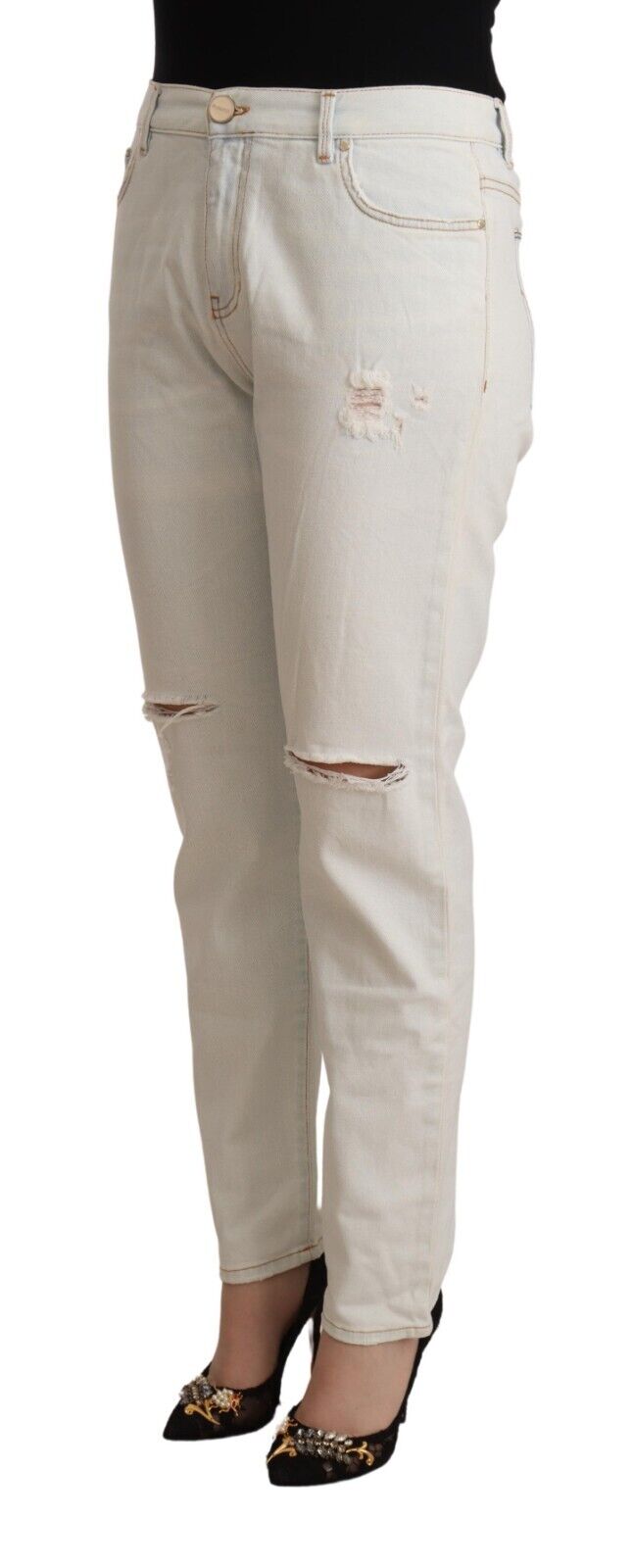PINKO White Cotton Distressed Mid Waist Skinny Denim Jeans - Fizigo