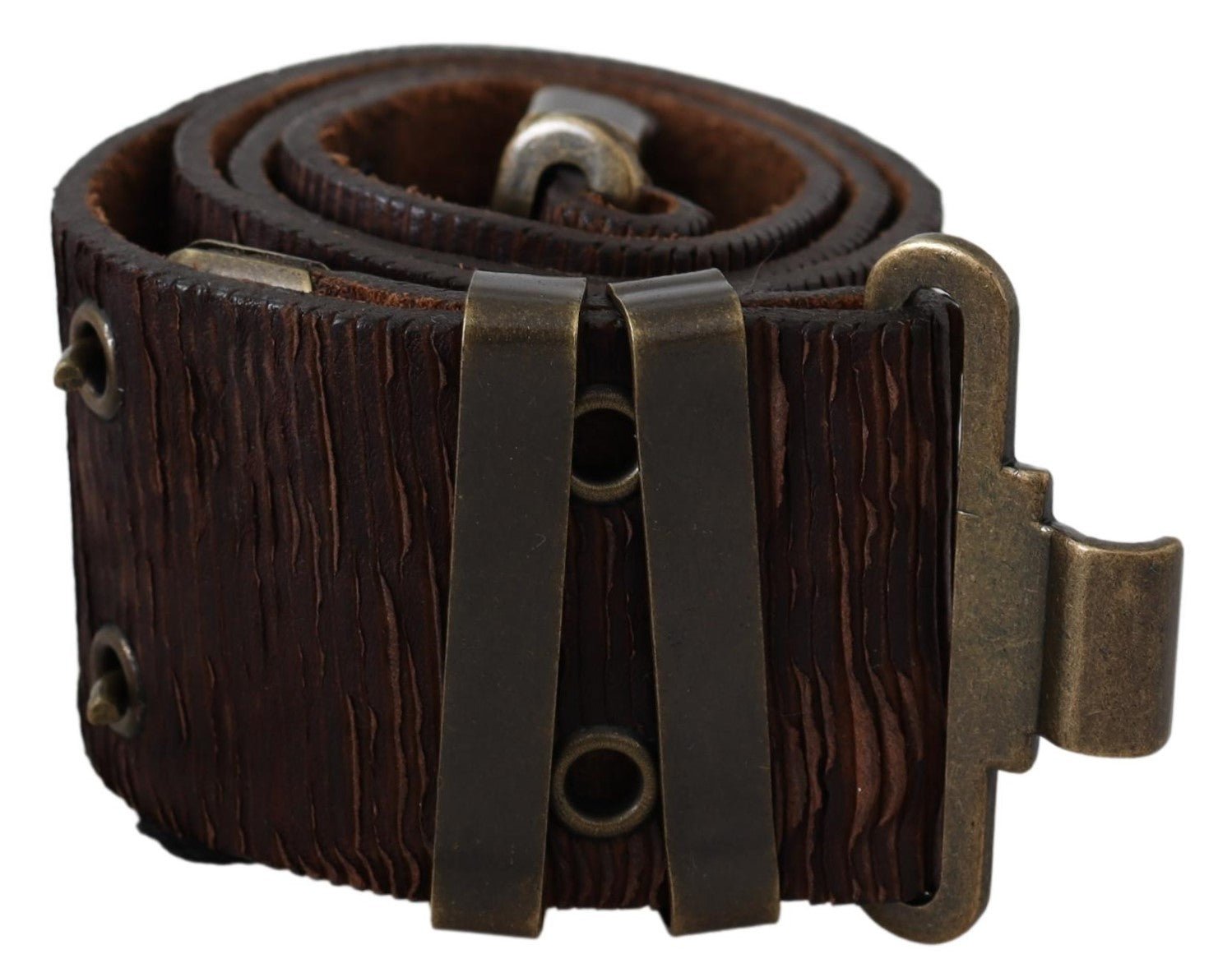PLEIN SUD Brown Carving Effect Leather Bronze Metal Belt - Fizigo