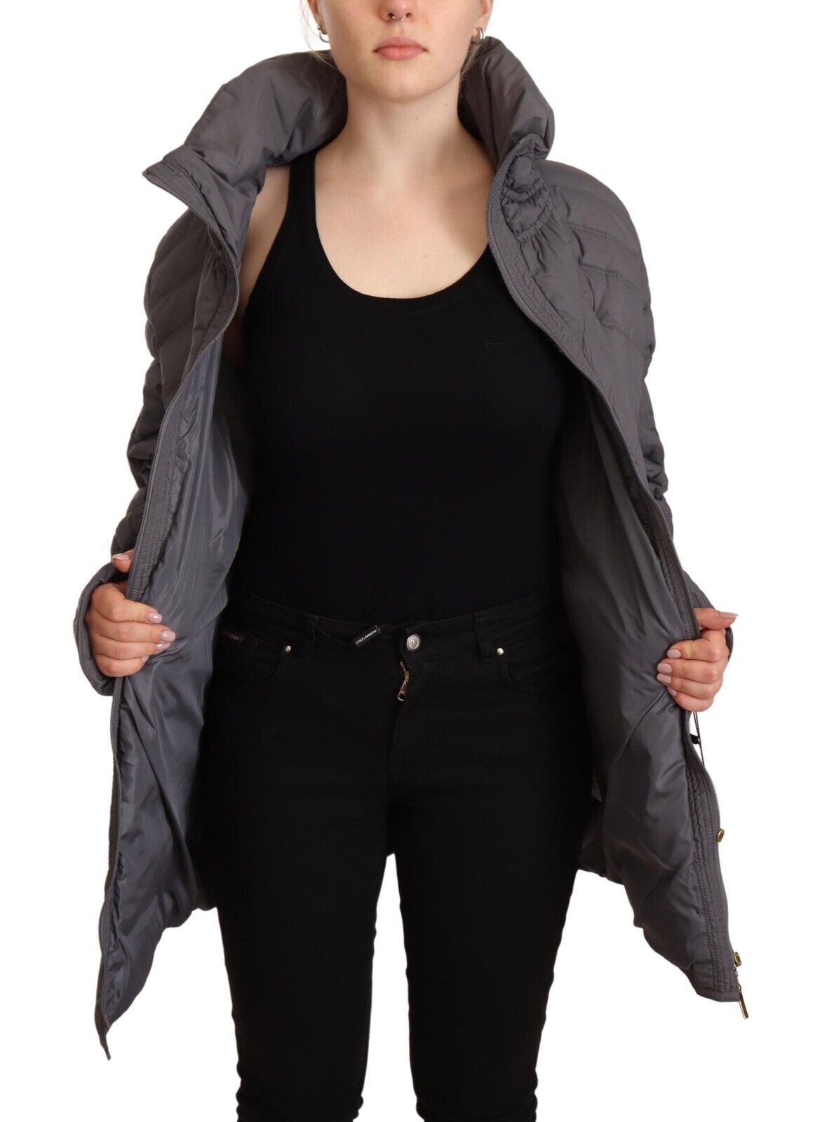 Roccobarocco Gray Quilted Long Sleeves Logo Patch Full Zip Jacket - Fizigo