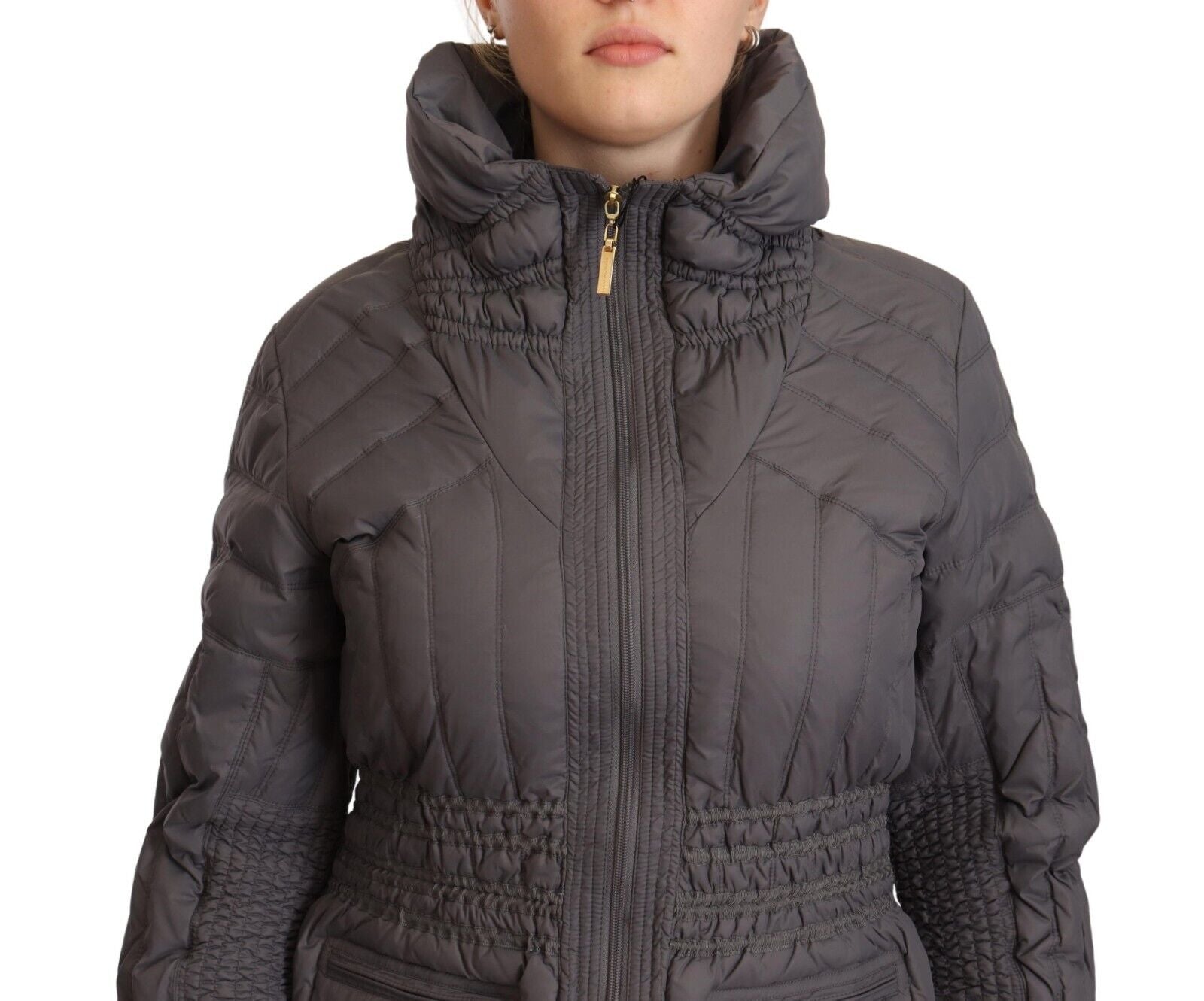 Roccobarocco Gray Quilted Long Sleeves Logo Patch Full Zip Jacket - Fizigo