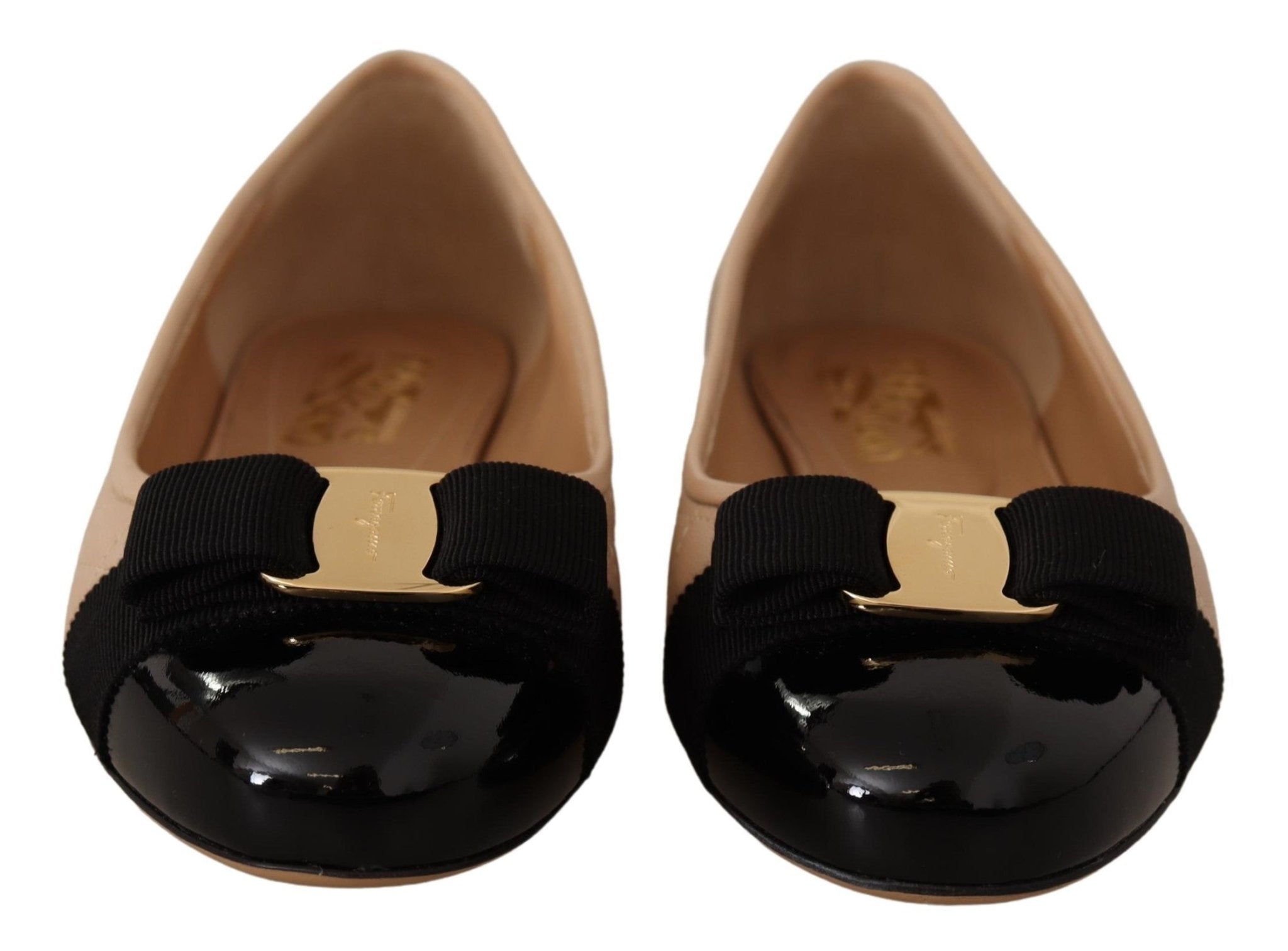 Salvatore Ferragamo Beige and Black Nappa Leather Ballet Flat Shoes - Fizigo