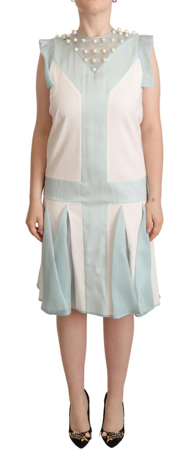 Sergei Grinko Multicolor Faux Pearl Sleeveless Shift Midi Dress - Fizigo