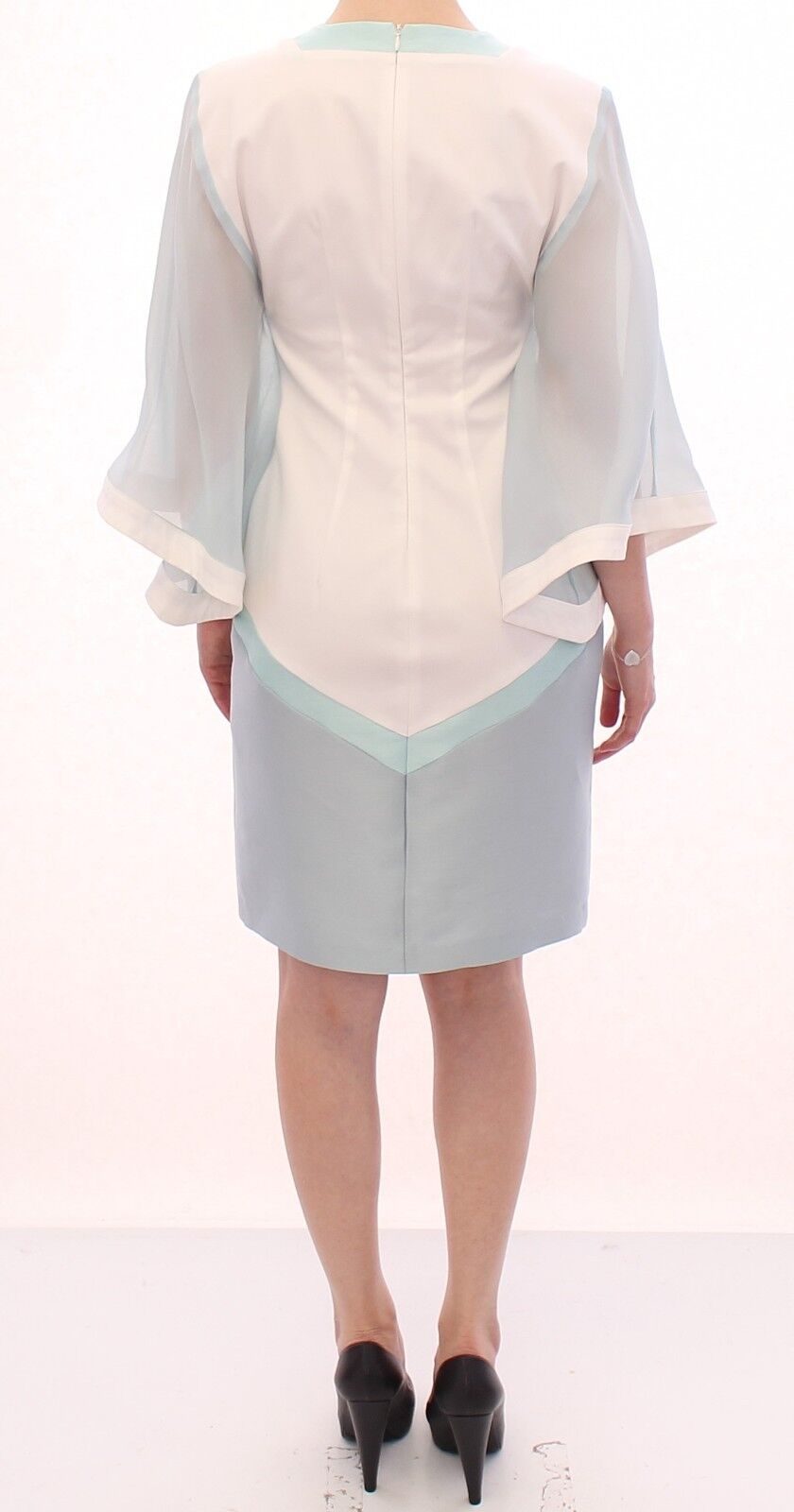 Sergei Grinko White Silk Sheath Formal Turquoise Dress - Fizigo