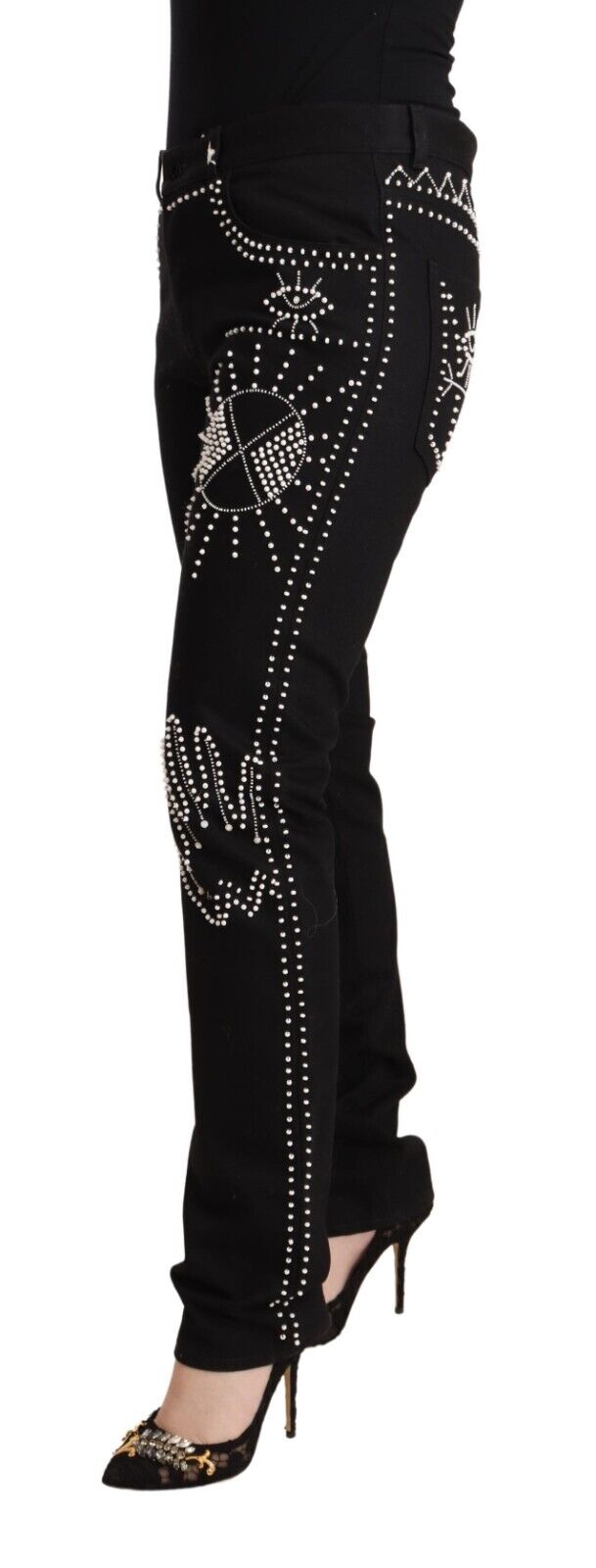 Valentino Black Cotton Mid Waist Embellished Slim Fit Jeans - Fizigo