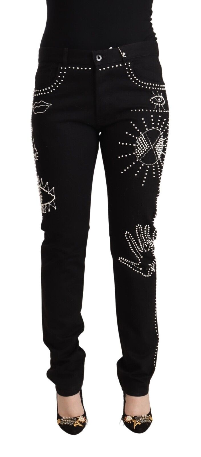 Valentino Black Cotton Mid Waist Embellished Slim Fit Jeans - Fizigo